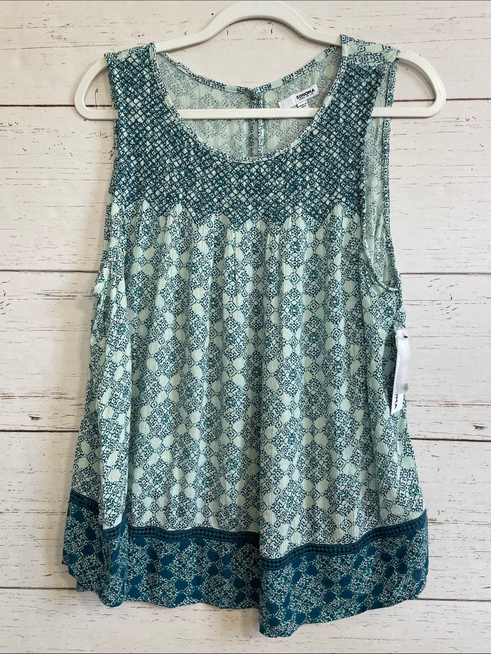 Sonoma Lt Aqua and Teal Print Rayon Tank Top Blouse w/Smocked Bodice, sz L, NWT